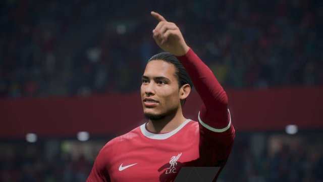 Video Reference: soccer, football, player, stadium, red jersey, celebration, sports, video game, athlete, gesture, team sport, close-up