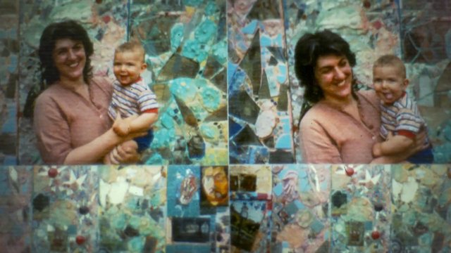 Video Reference: woman, child, baby, smiling, family, portrait, mosaic, colorful wall, vintage, collage, outdoor, close-up, candid, blurred