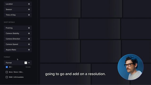 Video Reference: dark interface, sidebar, filters, menu, video editor, subtitles, picture-in-picture, man, glasses, blue background, screen layout, UI panels, tutorial, desktop application