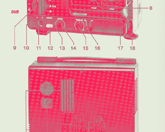 Video Reference: diagram, manual, technical drawing, radio, electronics, vintage, numbered labels, schematic, instruction page, pink tint, close-up, device