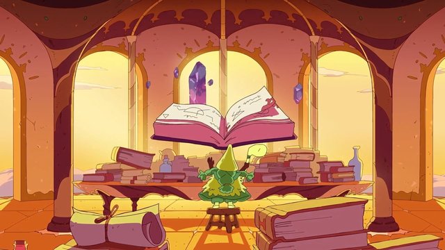 Video Reference: animated, fantasy, library, books, open book, scrolls, magic, floating book, study room, arched windows, warm light, wizard, desk, crystals, stool, interior