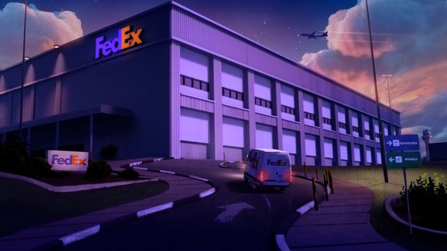 Video Reference: FedEx, warehouse, delivery van, logistics, shipping, distribution center, night, industrial building, roadway, airport, sky, outdoors