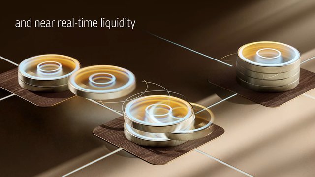 Video Reference: 3D graphic, abstract, spinning discs, metallic, glowing lines, digital animation, finance, liquidity, technology, dark background, platforms, motion blur, text overlay, network, futuristic