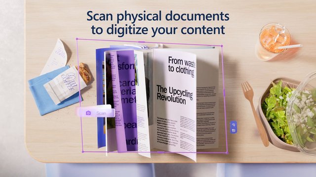 Video Reference: document scanning, booklet, magazine, tabletop, overhead view, digital capture, scanner frame, coffee cup, iced drink, salad bowl, utensils, desk, paper documents, app interface, product demo