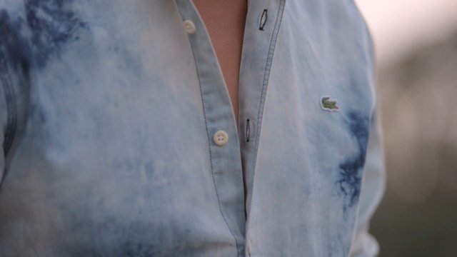 Video Reference: shirt, button-up, tie-dye, blue, clothing, close-up, fashion, casual, texture, logo, fabric, summer, apparel