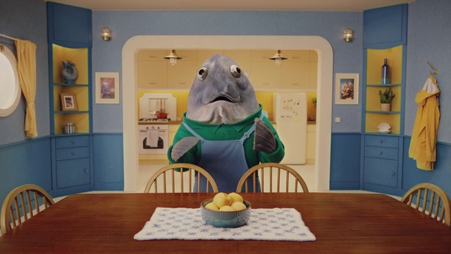 Video Reference: Table, Furniture, Building, Tableware, Blue, Chair, Desk, Toy, Hat, Food