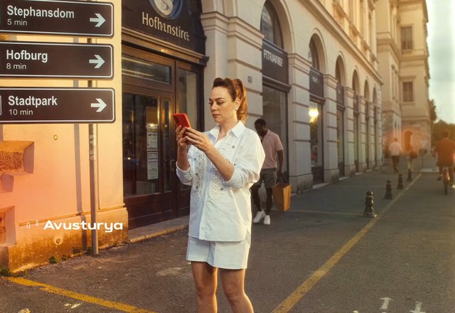 Video Reference: street, woman, smartphone, city, pedestrian, sunset, directional signs, landmarks, urban, buildings, sidewalk, travel, outdoors, Europe, historic street, mobile phone