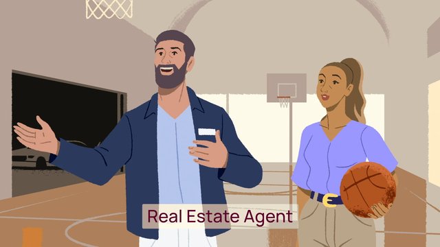 Video Reference: illustration, indoor, two people, basketball, sports court, gym, agent, conversation, gesture, woman, man, cartoon, text overlay, real estate, sports