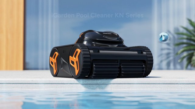 Video Reference: robotic pool cleaner, pool, swimming pool, cleaning device, robot, black device, orange wheels, water, indoor, product shot, technology, equipment, poolside, home