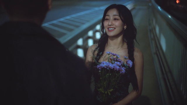 Video Reference: Smile, Eye, Flower, Flash photography, Iris, Happy, Gown, Bridal clothing, Fun, Strapless dress