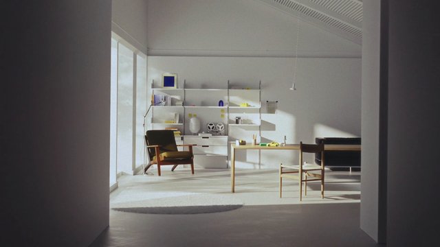 Video Reference: interior, minimalist, sunlit, modern, living room, furniture, shelves, chair, table, sofa, window, home, design, empty room, bright, scandinavian