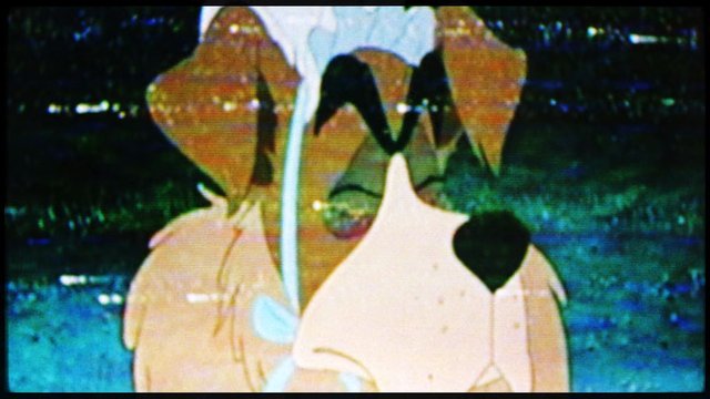 Video Reference: animated, cartoon, dog, animal, close-up, character, low-resolution, dark background, water, retro, tv frame