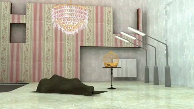 Video Reference: interior, room, chandelier, birdcage, lamp, wall panels, patterned wall, minimalist, furniture, decor, artistic, abstract, modern, indoor