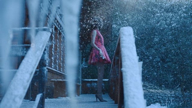 Video Reference: snow, winter, person, dress, high heels, outdoor, walkway, building, falling snow, cold weather, stairs, railing, side view, urban, night