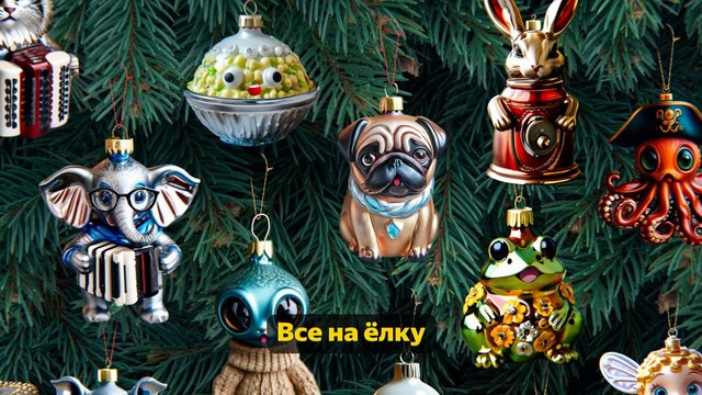 Video Reference: Christmas tree, ornaments, holiday decor, pine branches, animal figures, pug ornament, elephant ornament, frog ornament, octopus ornament, rabbit ornament, merry christmas, Cyrillic text, colorful, close-up, festive, decorations