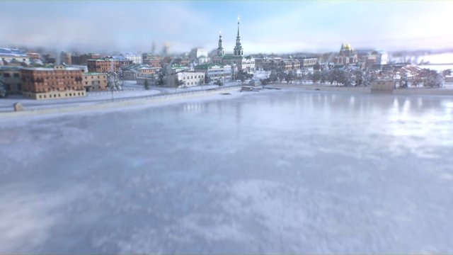 Video Reference: winter, cityscape, frozen water, river, lake, historic buildings, church, spires, snow, landscape, panorama, urban, waterfront, cold, skyline