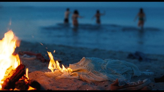 Video Reference: beach, campfire, sand, water, dusk, evening, blurred, people, shoreline, fabric, clothing, outdoor, fire, seaside, summer, recreation