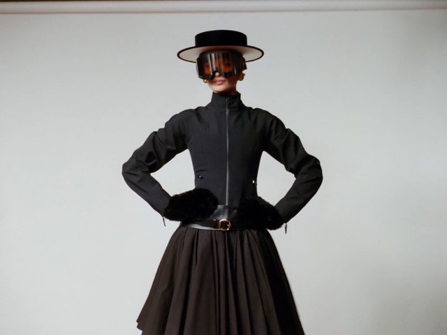 Video Reference: fashion, model, black outfit, hat, visor, runway, studio, elegant, avant-garde, portrait, standing, minimal background, high fashion, accessories