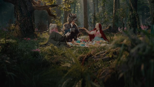 Video Reference: forest, picnic, costumes, animal mask, tea party, blanket, outdoor, whimsical, fairy tale, trees, flowers, pastries, group, sunlight, clearing