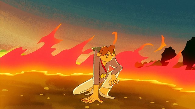 Video Reference: animation, cartoon, person, crouching, sunset, dramatic sky, red clouds, orange light, outdoor, fantasy, stylized, landscape