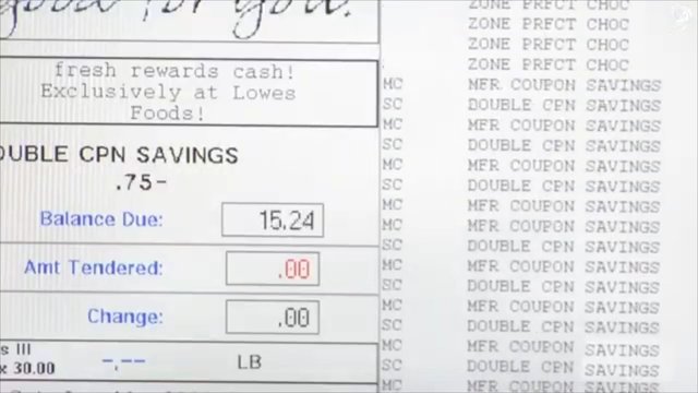 Video Reference: receipt, checkout, coupon, savings, grocery, payment, balance due, change, store, printout, text, paper