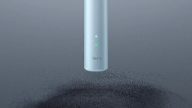 Video Reference: electronic device, cylindrical, close-up, minimalist, product shot, gray background, standing upright, indicator light, shadow, modern, clean design, device, isolated, studio