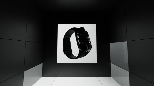 Video Reference: wearable, smart band, fitness tracker, product display, minimalist, dark room, black device, white panel, 3d render, electronics, technology, showcase, modern