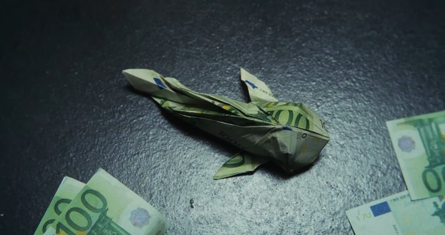 Video Reference: origami, paper art, banknote, euro, money, folded paper, craft, close-up, dark background, currency, finance, desktop, still life