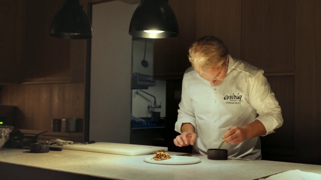 Video Reference: Tableware, Food, Chefs uniform, Countertop, Chef, Sleeve, Kitchen, Cooking, Lamp, Recipe