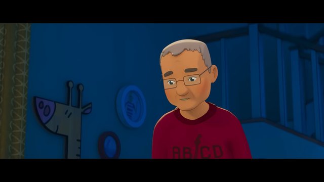 Video Reference: animation, older man, glasses, red shirt, indoor, room, cartoon, blue background, portrait, character, animated series