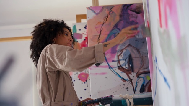 Video Reference: Painter, Purple, Textile, Paint, Gesture, Artist, Art, Event, Fashion design, Fun