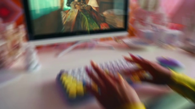 Video Reference: Photograph, Yellow, Television set, Art, Fun, Writing implement, Magenta, Technology, Snapshot, Visual arts