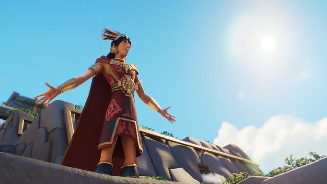 Video Reference: animated, female character, ancient costume, cape, stone structure, outstretched arms, sunny sky, outdoors, 3D animation, fantasy, stylized, temple, historic inspired, dramatic pose