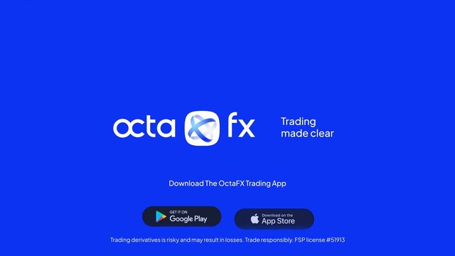 Video Reference: OctaFX, trading app, promotion, blue background, logo, download, Google Play, App Store, finance, forex, advertisement, slogan, risk warning, mobile app