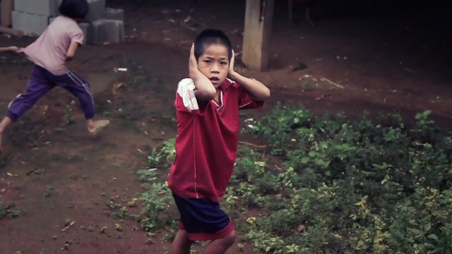 Video Reference: boy, child, outdoors, dirt path, running, standing, hands over ears, rural, play, children, daytime, action, nature, red shirt