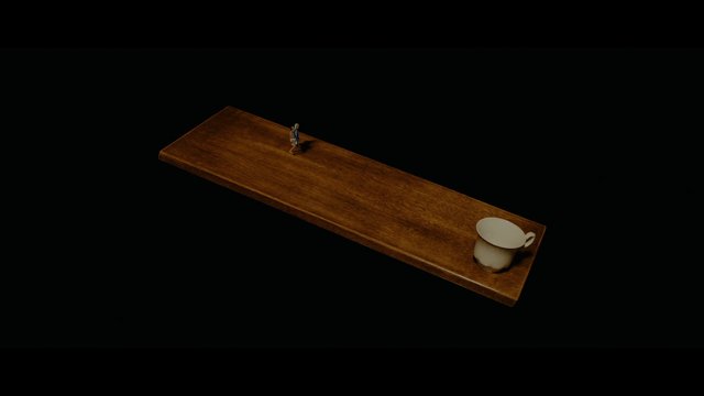 Video Reference: miniature, figure, wooden plank, cup, black background, still life, surreal, isolated, diagonal, minimal, tabletop, tiny person