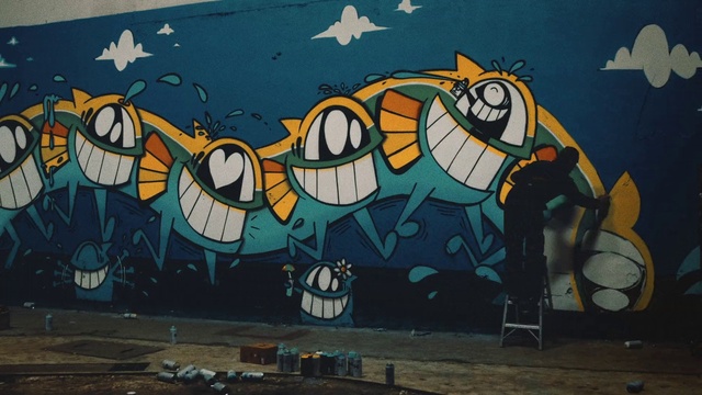 Video Reference: Azure, Cartoon, Paint, Graffiti, Art, Painting, Font, Wall, Tints and shades, Illustration