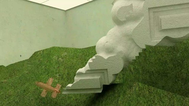 Video Reference: indoor, abstract, sculpture, installation, green surface, textured, sloped, white object, gallery, art, minimal, diagonal, floor, wall, modern