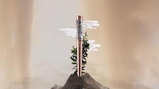 Video Reference: abstract, object, metallic, vertical, floating, clouds, leaves, rock, centered, minimal, beige background, fantasy, surreal, product shot