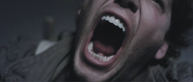 Video Reference: close-up, mouth open, screaming, face, dark, blurred, emotion, dramatic, shouting, horror, low light, portrait, adult, indoor