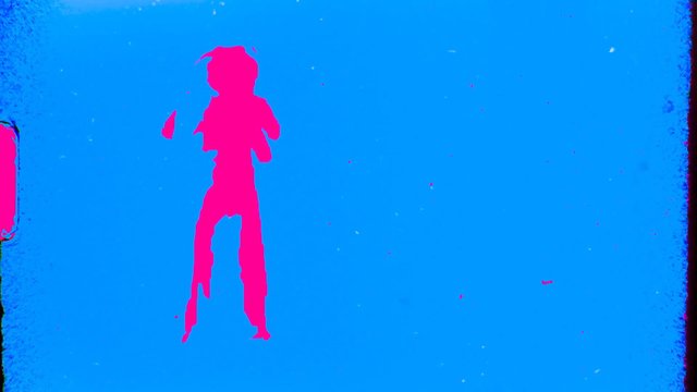 Video Reference: silhouette, human figure, abstract, blue background, pink, graphic, stylized, minimal, art, motion frame, film grain, high contrast, person, modern, colorful
