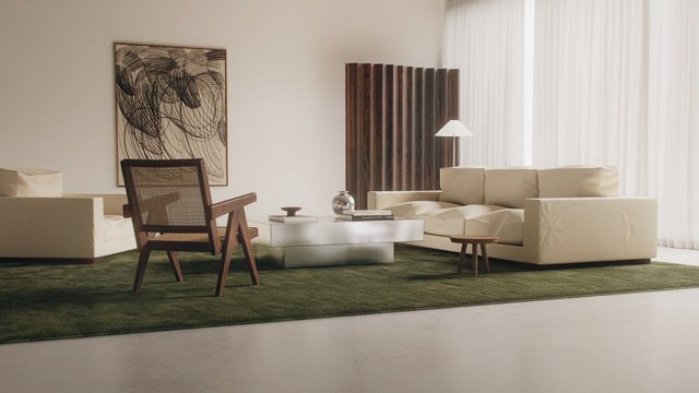 Video Reference: living room, modern interior, minimalist, sofa, lounge chair, coffee table, abstract art, floor lamp, curtains, rug, beige, wood furniture, home decor, interior design, spacious, contemporary