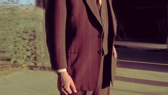 Video Reference: suit, menswear, formalwear, pinstripe, burgundy, torso, outdoor, road, fashion, cropped, standing, jacket, coat, business attire