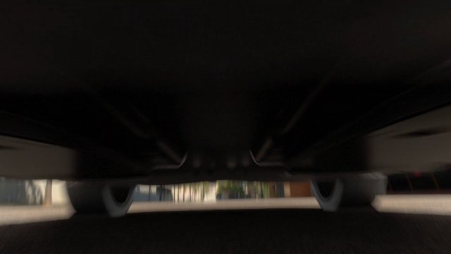 Video Reference: vehicle, underside, wheels, car, low angle, street, motion blur, outdoor, transportation, road, urban, shadow, closeup