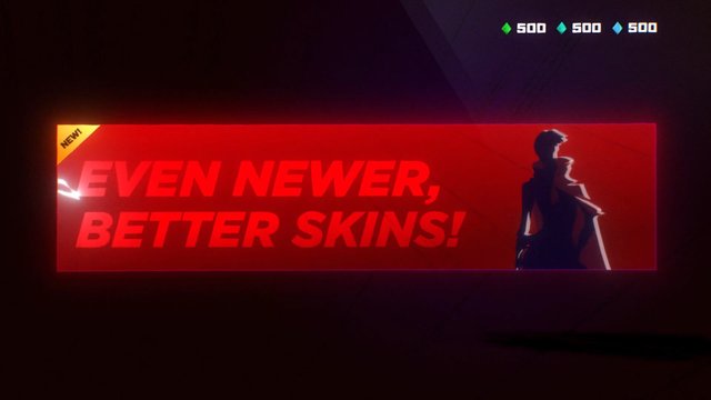 Video Reference: video game, banner, promo, red text, skins, character silhouette, UI, announcement, dark background, gaming, advertisement, graphic design