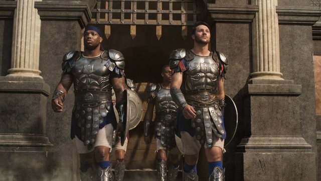 Video Reference: men, armor, Roman, soldiers, historical, costume, shield, helmetless, stone building, columns, gate, walking, group, fantasy, ancient, entrance