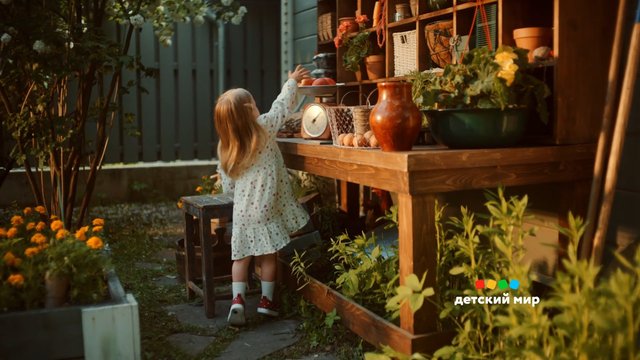 Video Reference: child, garden, potted plants, flowers, wooden shelf, outdoor, sunlight, back view, reaching, decorative items, yard, plants, summer, home garden