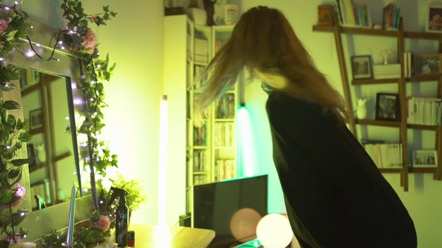 Video Reference: Plant, Light, Lighting, Interior design, Waist, Flowerpot, Houseplant, Black hair, Tints and shades, Long hair