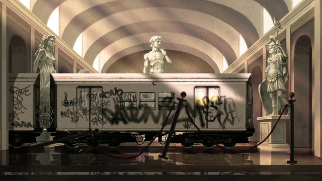 Video Reference: Train, Wheel, Rolling stock, Mode of transport, Track, Rolling, Railway, Font, Art, Building