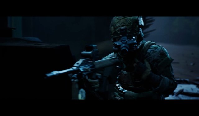 Video Reference: soldier, tactical gear, gas mask, rifle, armed, military, combat, dark scene, indoor, action, weapon, helmet, camouflage, security, night vision, swat